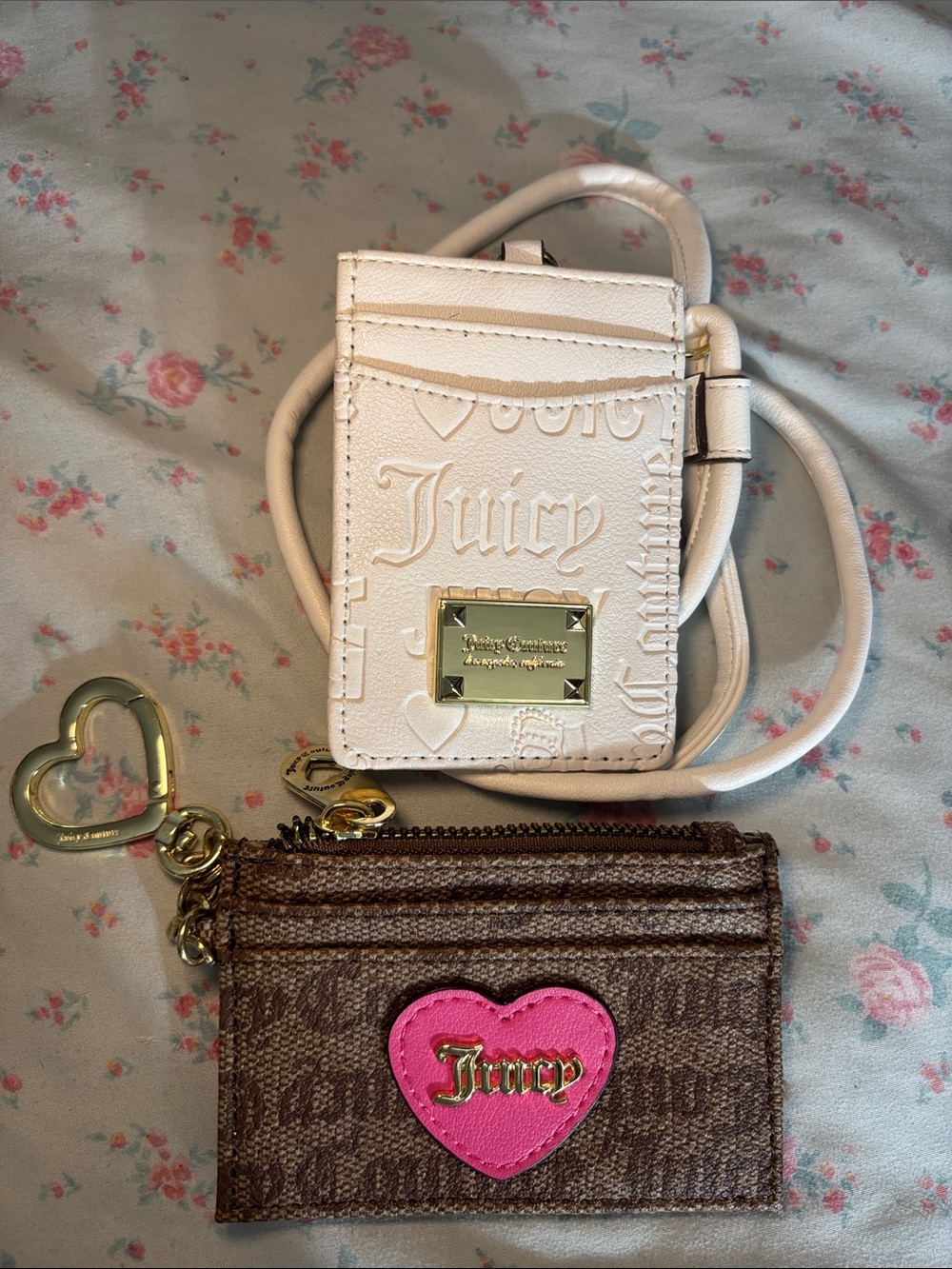 Juicy Couture White Crossbody Card Holder with Brown Card Case and Pink Heart
